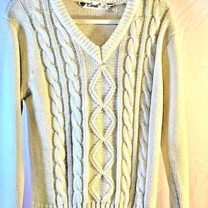 Tivoli Wmns Cream V-Neck Sweater with Cable Knit Design Sz M